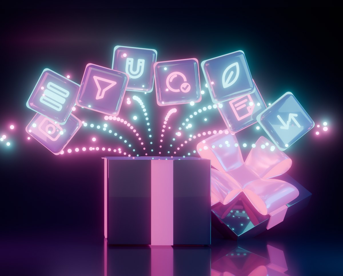 Gift box with the 8 add-ons flying out